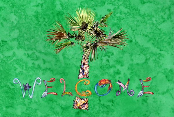 8710PLMT Welcome Palm Tree On Green Fabric Placemat