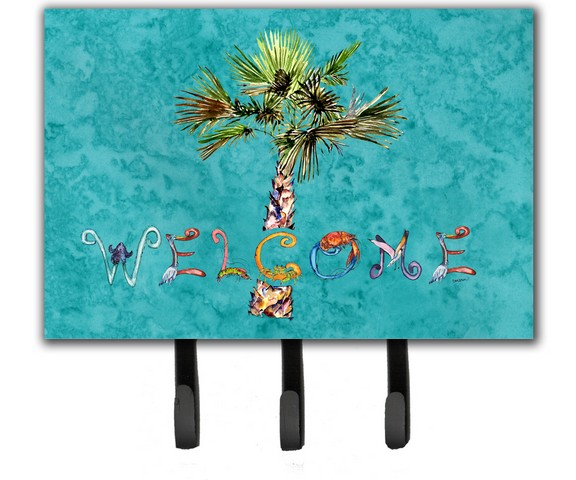 Welcome Palm Tree On Teal Leash & Key Holder