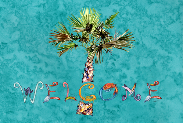 Welcome Palm Tree On Teal Fabric Placemat