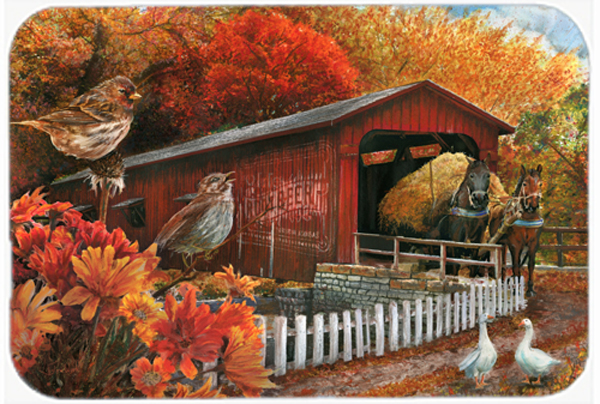 Fall Covered Bridge Glass Cutting Board Large