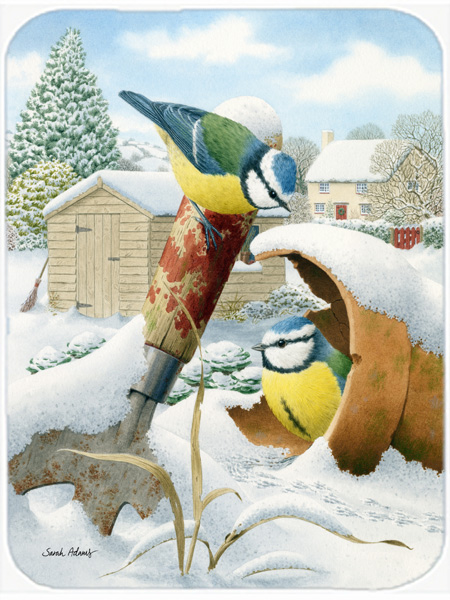 Picture of Carolines Treasures ASA2053LCB Eurasian Blue Tits Birds In Flower Pot Glass Cutting Board- Large