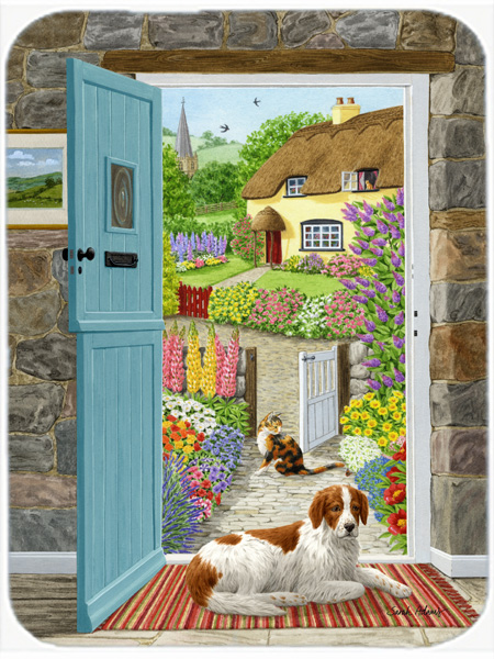 Picture of Carolines Treasures ASA2144LCB Welsh Springer Spaniel At The Cottage Door Glass Cutting Board- Large