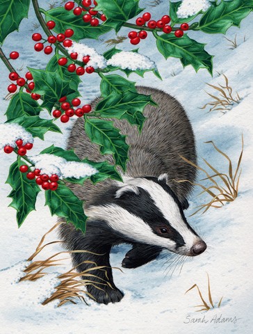 Badgers With Holly Berries Flag Garden Size