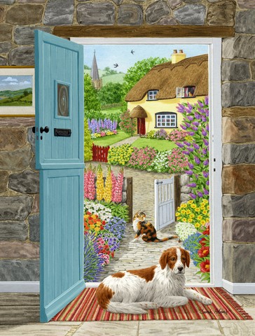 Welsh Springer Spaniel At The Cottage Door Flag Garden Size