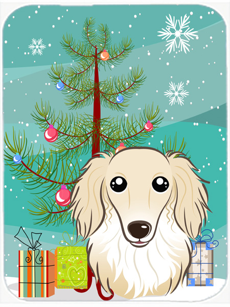 Picture of Carolines Treasures BB1584LCB Christmas Tree And Longhair Creme Dachshund Glass Cutting Board- Large