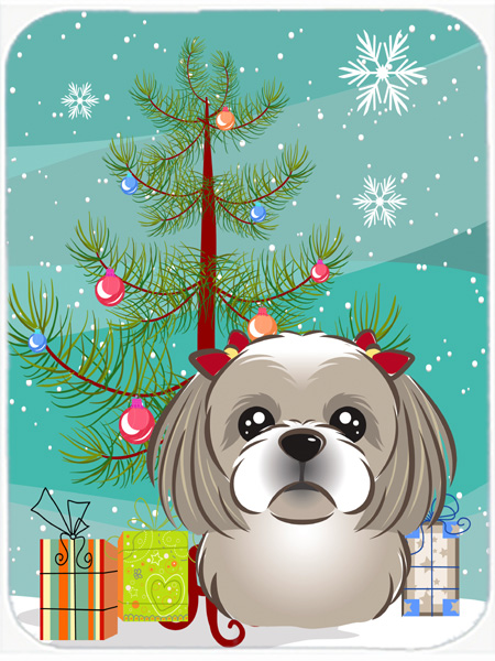 Picture of Carolines Treasures BB1622LCB Christmas Tree And Gray Silver Shih Tzu Glass Cutting Board- Large
