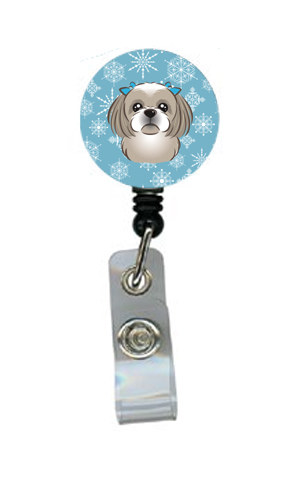 Snowflake Gray Silver Shih Tzu Retractable Badge Reel
