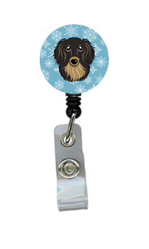 Snowflake Longhair Black And Tan Dachshund Retractable Badge Reel