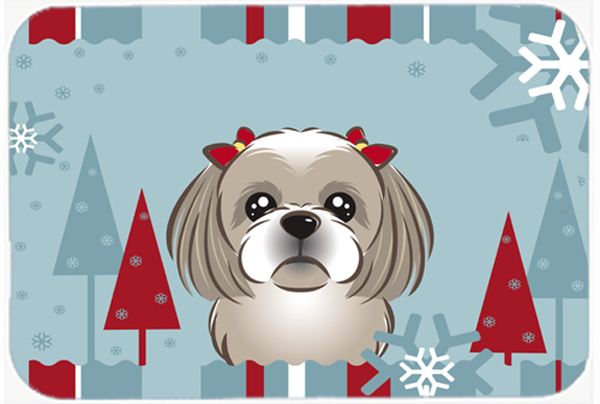 Winter Holiday Gray Silver Shih Tzu Glass Cutting Board- Large