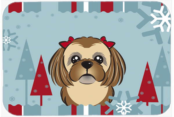 Winter Holiday Chocolate Brown Shih Tzu Glass Cutting Board- Large