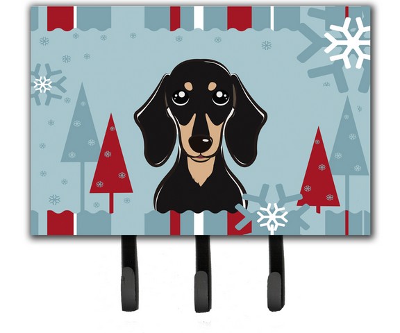 Winter Holiday Smooth Black And Tan Dachshund Leash & Key Holder