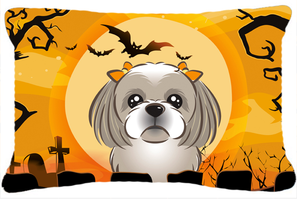 Halloween Gray Silver Shih Tzu Fabric Decorative Pillow