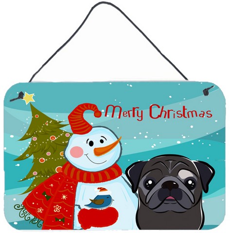 Snowman With Black Pug Wall and Door Hanging Prints