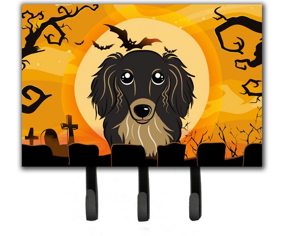 Halloween Longhair Black And Tan Dachshund Leash & Key Holder