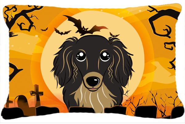 Halloween Longhair Black And Tan Dachshund Fabric Decorative Pillow