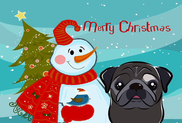 BB1883PLMT Snowman With Black Pug Fabric Placemat