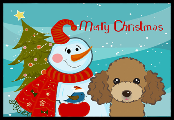 Snowman With Chocolate Brown Poodle Indoor & Outdoor Mat- 18 x 27 in.