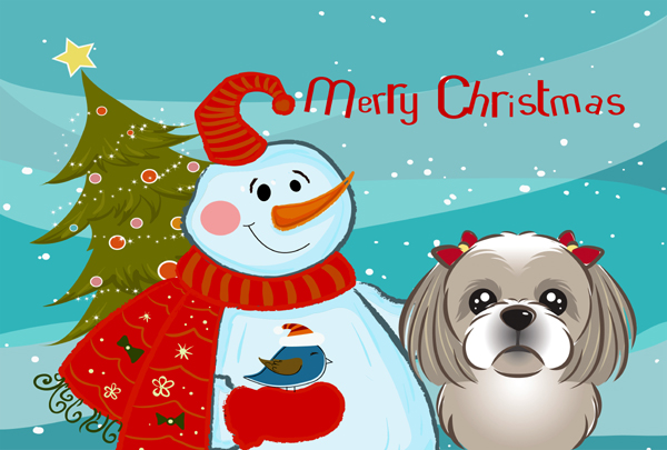 Snowman With Gray Silver Shih Tzu Fabric Placemat