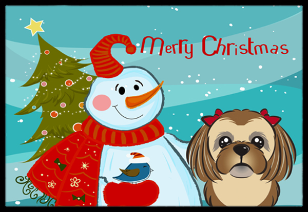 Snowman With Chocolate Brown Shih Tzu Indoor & Outdoor Mat- 24 x 36 in.