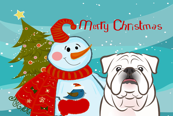 Snowman With White English Bulldog Fabric Placemat