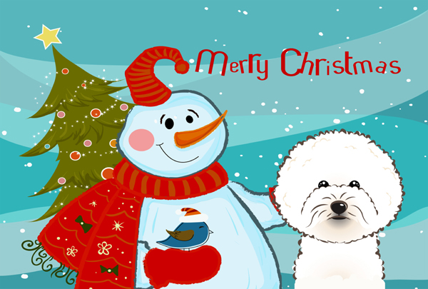 BB1837PLMT Snowman With Bichon Frise Fabric Placemat