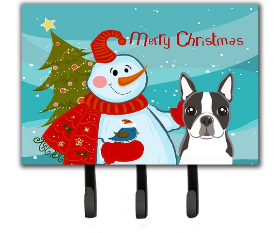 Snowman With Boston Terrier Leash & Key Holder