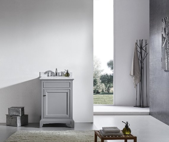 Elite Stamford 24 Inch Gray Solid Wood Bathroom Vanity Set with Double OG White Carrera Marble Top & White Undermount Porcelain Sink