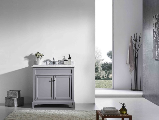 Elite Stamford 36 Inch Gray Solid Wood Bathroom Vanity Set with Double OG White Carrera Marble Top & White Undermount Porcelain Sink