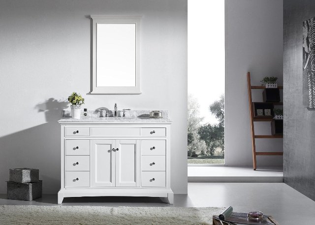 Elite Stamford 48 Inch White Solid Wood Bathroom Vanity Set with Double OG White Carrera Marble Top & White Undermount Porcelain Sink -  Eviva, EVVN709-48WH