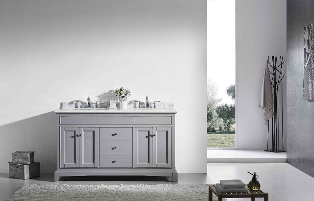 Elite Stamford 60 Inch Gray Solid Wood Bathroom Vanity Set with Double OG White Carrera Marble Top & White Undermount Porcelain Sinks -  Eviva, EVVN709-60GR