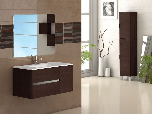 Aries 39 Inch Wenge Modern Bathroom Vanity Wall Mount with White Integrated Porcelain sink
