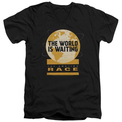 Amazing Race-Waiting World - Short Sleeve Adult 30-1 V-Neck Tee - Black- Extra Large