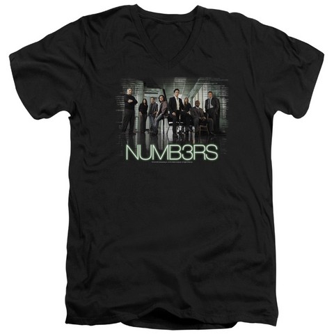 Numb3Rs-Numbers Cast - Short Sleeve Adult 30-1 V-Neck Tee - Black- Extra Large