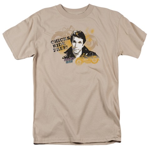 Happy Days-Chicks Ride Free - Short Sleeve Adult 18-1 Tee - Sand- Medium