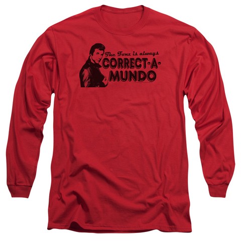 Happy Days-Correct A Mundo - Long Sleeve Adult 18-1 Tee - Red- Medium