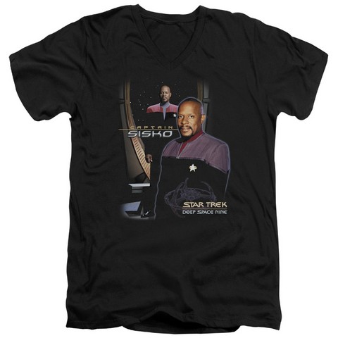 Star Trek-Captain Sisko - Short Sleeve Adult 30-1 V-Neck Tee - Black- Large