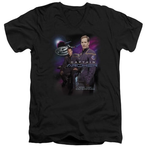 Star Trek-Captain Archer - Short Sleeve Adult 30-1 V-Neck Tee - Black- Extra Large