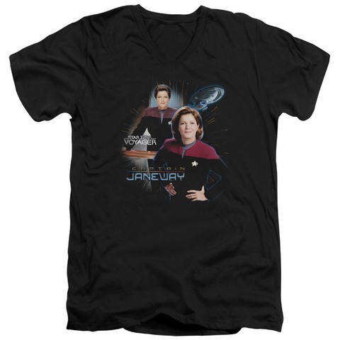 Star Trek-Captain Janeway - Short Sleeve Adult 30-1 V-Neck Tee - Black- Medium