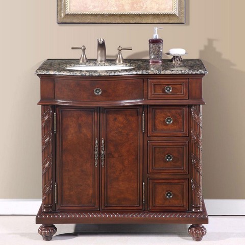 HYP-0213-BB-UWC-36-L Victoria 36"" Left Side Single Sink Cabinet with 2 Doors  4 Functionable Drawers  Baltic Brown Granite Top and Undermount White -  Silkroad Exclusive, HYP0213BBUWC36L