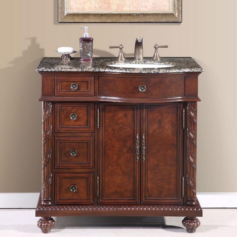 HYP-0213-BB-UWC-36-R Victoria 36"" Right Side Single Sink Cabinet with 2 Doors  4 Functionable Drawers  Baltic Brown Granite Top and Undermount White -  Silkroad Exclusive, HYP0213BBUWC36R