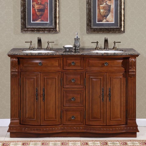 Transitional Baltic Brown Granite Bathroom Vanity- Double Sink - 55 in. Wide -  Silkroad Exclusive, HYP-0223-BB-UWC-55