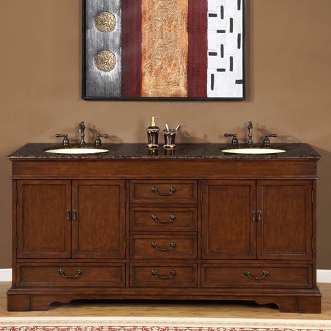 HYP-0715-BB-UIC-72 Ashley 72"" Double Sink Cabinet with 6 Drawers  4 Doors  Baltic Brown Granite Top and Undermount Ivory Ceramic Sinks (3-Hole) in -  Silkroad Exclusive, HYP0715BBUIC72