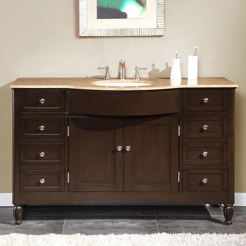 Modern Travertine Bathroom Vanity- Single Sink - 58 in. Wide -  Silkroad Exclusive, HYP-0717-T-UWC-58