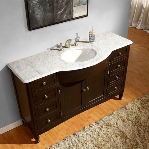 HYP-0717-WM-UWC-58 58"" Single Sink Cabinet with 9 Drawers  2 Doors  Carrara White Marble Top and Undermount White Ceramic Sink (3-Hole) in Espresso -  Silkroad Exclusive, HYP0717WMUWC58