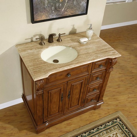 HYP-0904-T-UIC-38-L Empress 38"" Single Left Sink Cabinet with 4 Drawers  2 Doors  Travertine Top and Undermount Ivory Ceramic Sink (3-Hole) in Brown -  Silkroad Exclusive, HYP0904TUIC38L