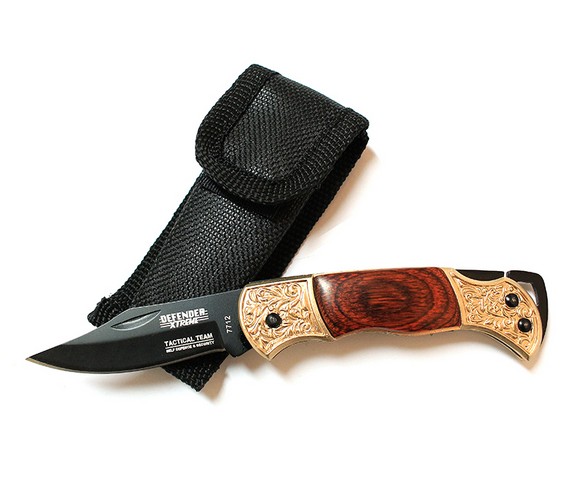 Picture of 7712 Mini Tactical Team Wood & Bronze Handle Design Folding Knife with Pouch&#44; 5.25 in.