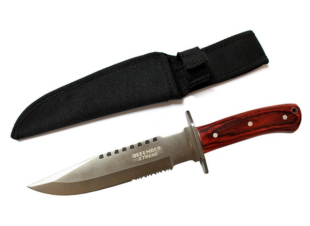 Picture of 7594 Defender Xtreme Full Tang Serrated Blade Silver & Wood Hunting Knife with Sheath&#44; 11.25 in.