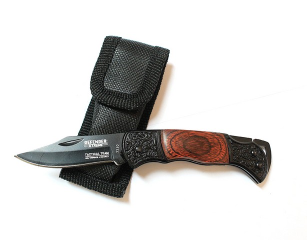 Picture of 7710 Mini Tactical Team Wood & Black Handle Design Folding Knife with Pouch&#44; 5.25 in.