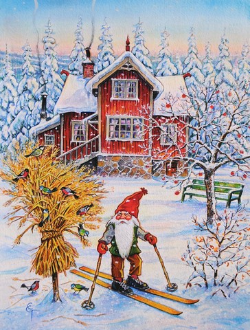Christmas Gnome Skiing Flag Canvas House Size