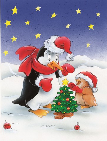 Penguin & Robin with Christmas Tree Flag Garden Size